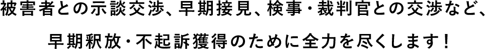 被害者との示談交渉、早期接見、検事・裁判官との交渉など、 早期釈放・不起訴獲得のために全力を尽くします！