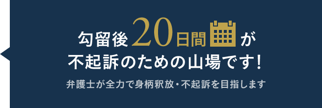 勾留後20日間が不起訴のための山場です！弁護士が全力で身柄釈放・不起訴を目指します