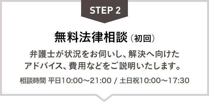 STEP2：無料法律相談（初回）　弁護士が状況をお伺いし、解決へ向けたアドバイス、費?などをご説明いたします。相談時間　平日10:00～21:00 ／ 土日祝9:30～18:00