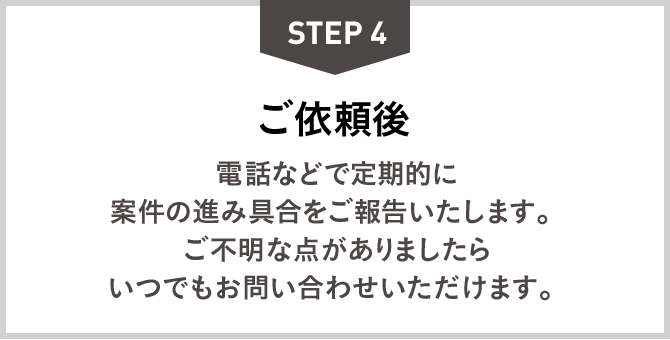 STEP4：ご依頼後　電話などで定期的に案件の進み具合をご報告いたします。ご不明な点がありましたらいつでもお問い合わせいただけます。