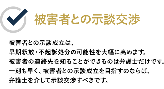 被害者との示談交渉 被害者との顧客満足度95%の実績 被害者との示談成立は、早期釈放・不起訴処分の可能性を大幅に高めます。 被害者の連絡先を知ることができるのは弁護士だけです。 一刻も早く、被害者との示談成立を目指すのならば、弁護士を介して示談交渉すべきです。