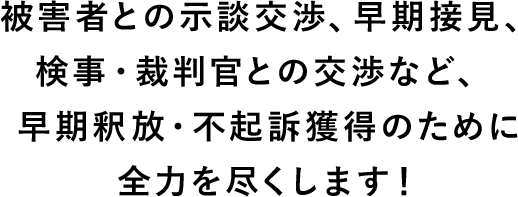 被害者との示談交渉、早期接見、検事・裁判官との交渉など、 早期釈放・不起訴獲得のために全力を尽くします！