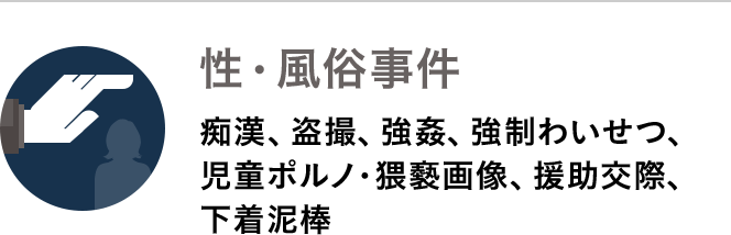 性・風俗事件　痴漢、盗撮、強姦、強制わいせつ、児童ポルノ・猥褻画像、援助交際、下着泥棒