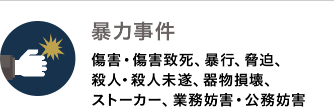 暴力事件　傷害・傷害致死、暴行、脅迫、殺人・殺人未遂、器物損壊、ストーカー、業務妨害・公務妨害